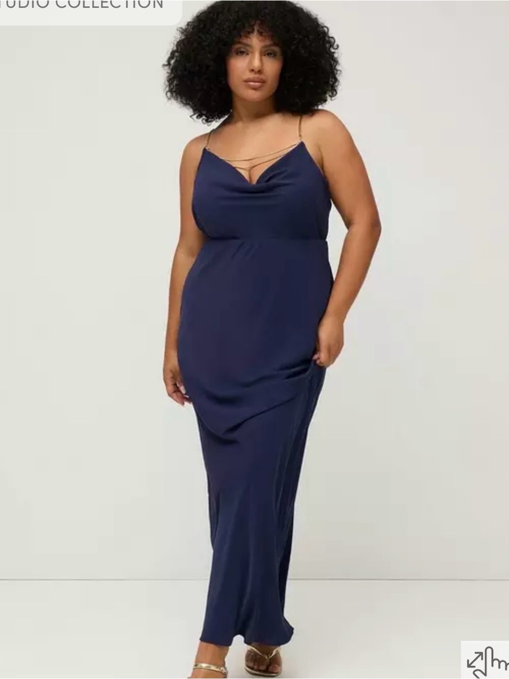 NWT Navy Maxi Dress with Cowl Neck and Gold Chain Straps